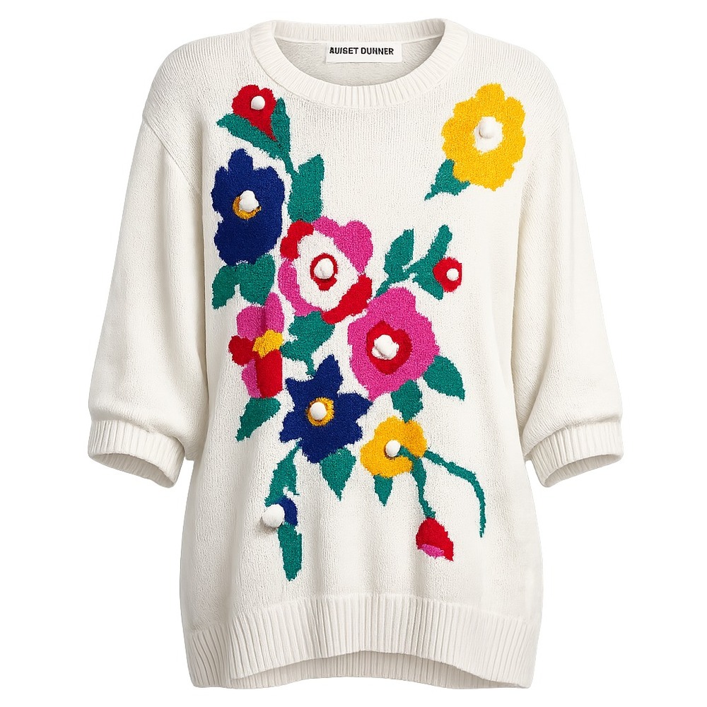 Vintage Cottagecore Floral Knit Short Sleeve‎ Sweater Women Medium Art Teacher